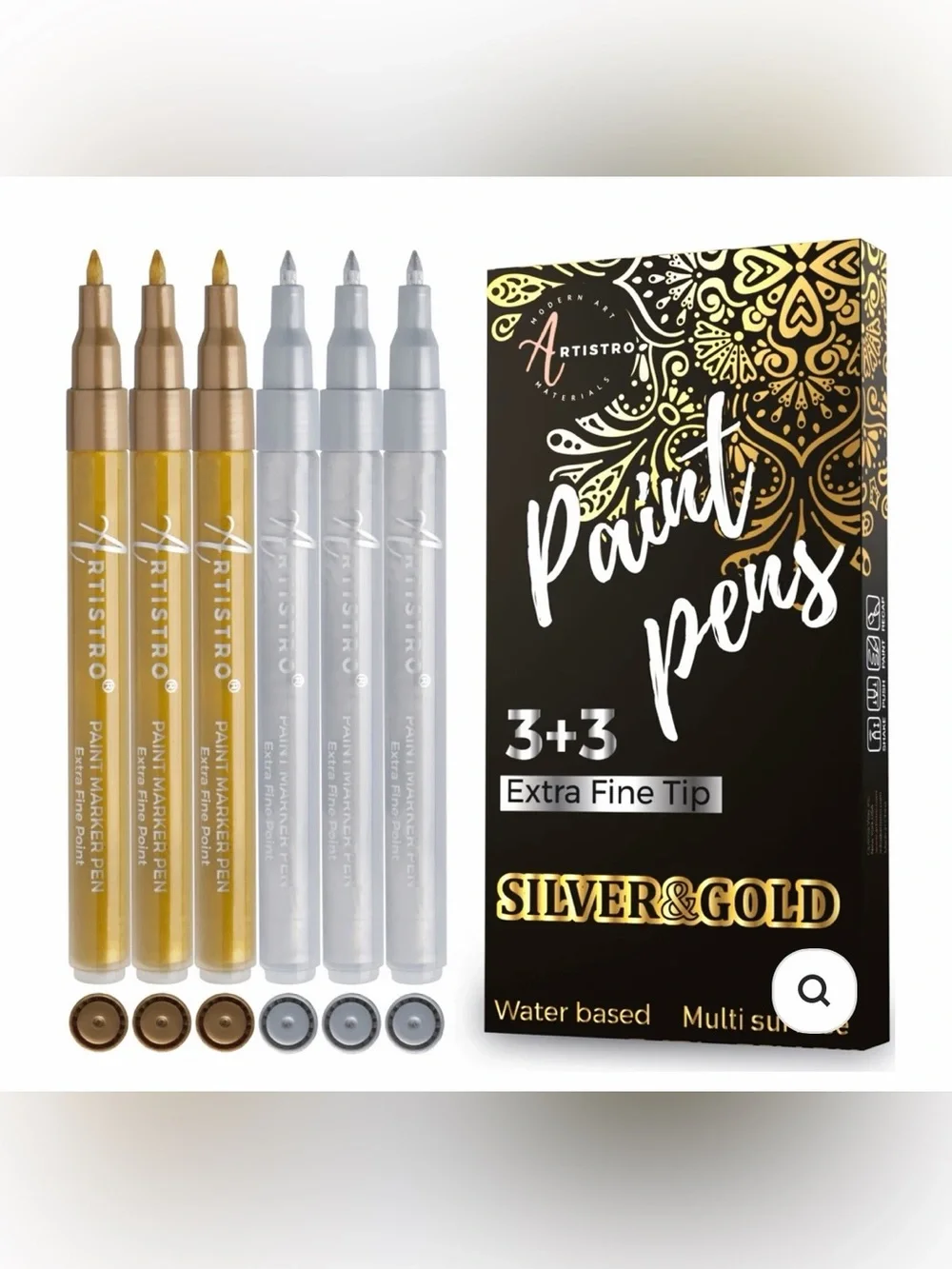 Artistro Metallic Acrylic Paint Pen Set (3 Gold + 3 Silver) Extra Fine Tip